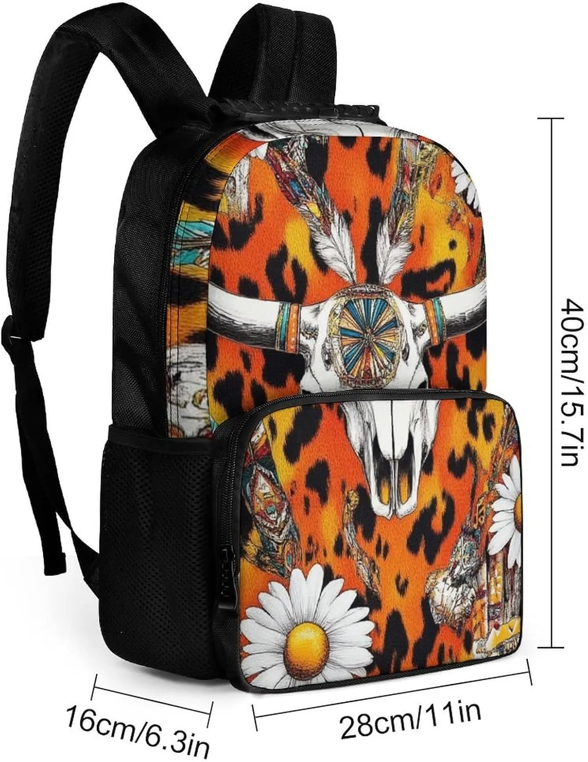 Supdreamc Cow Skull Leopard Print Daisy Western Floral Rucksack Polyester Anti-Theft Multipurpose Carry On Bag Large Capacity Travel and Sport Backpack Rucksack With Smooth Zippers