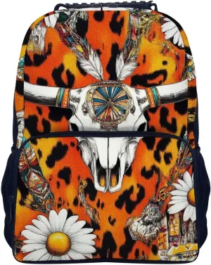 Supdreamc Cow Skull Leopard Print Daisy Western Floral Rucksack Polyester Anti-Theft Multipurpose Carry On Bag Large Capacity Travel and Sport Backpack Rucksack With Smooth Zippers