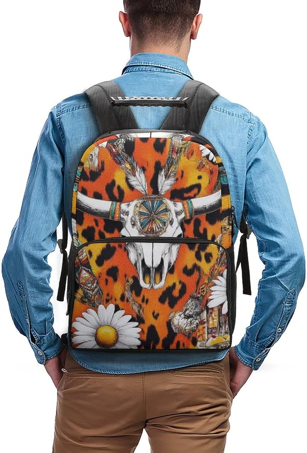 Supdreamc Cow Skull Leopard Print Daisy Western Floral Rucksack Polyester Anti-Theft Multipurpose Carry On Bag Large Capacity Travel and Sport Backpack Rucksack With Smooth Zippers