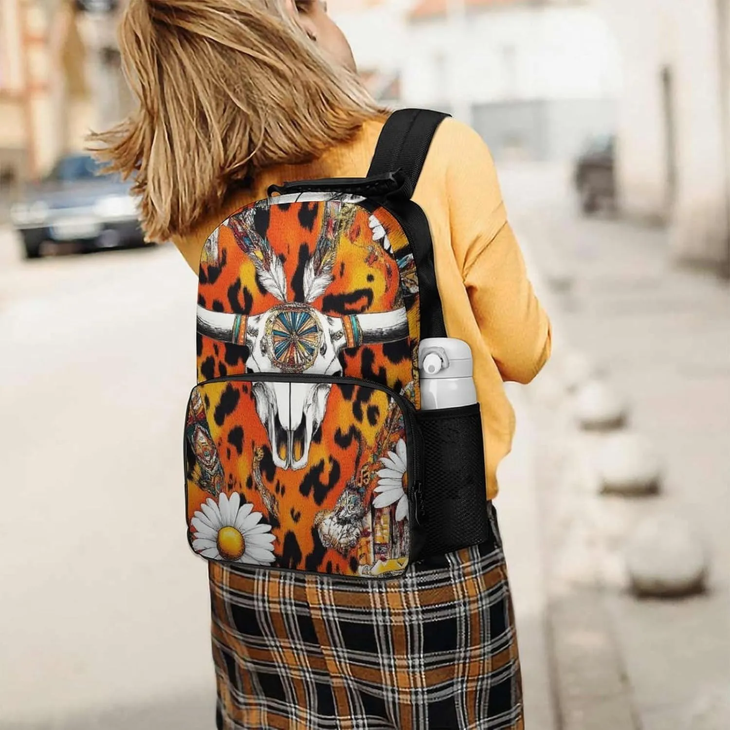 Supdreamc Cow Skull Leopard Print Daisy Western Floral Rucksack Polyester Anti-Theft Multipurpose Carry On Bag Large Capacity Travel and Sport Backpack Rucksack With Smooth Zippers
