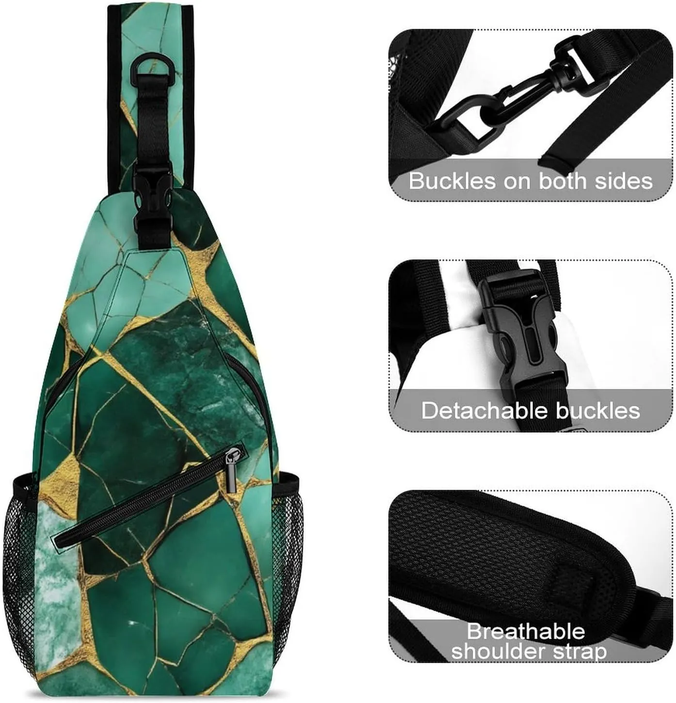 Supdreamc Men & Women Gym Crossbody Sack Satchel Outdoor Hiking Bag, Emerald Green Marbled Gold Glitters Green Marble Sling Bag Backpack Backpacking for Travel Hiking - Small Tool Backpack