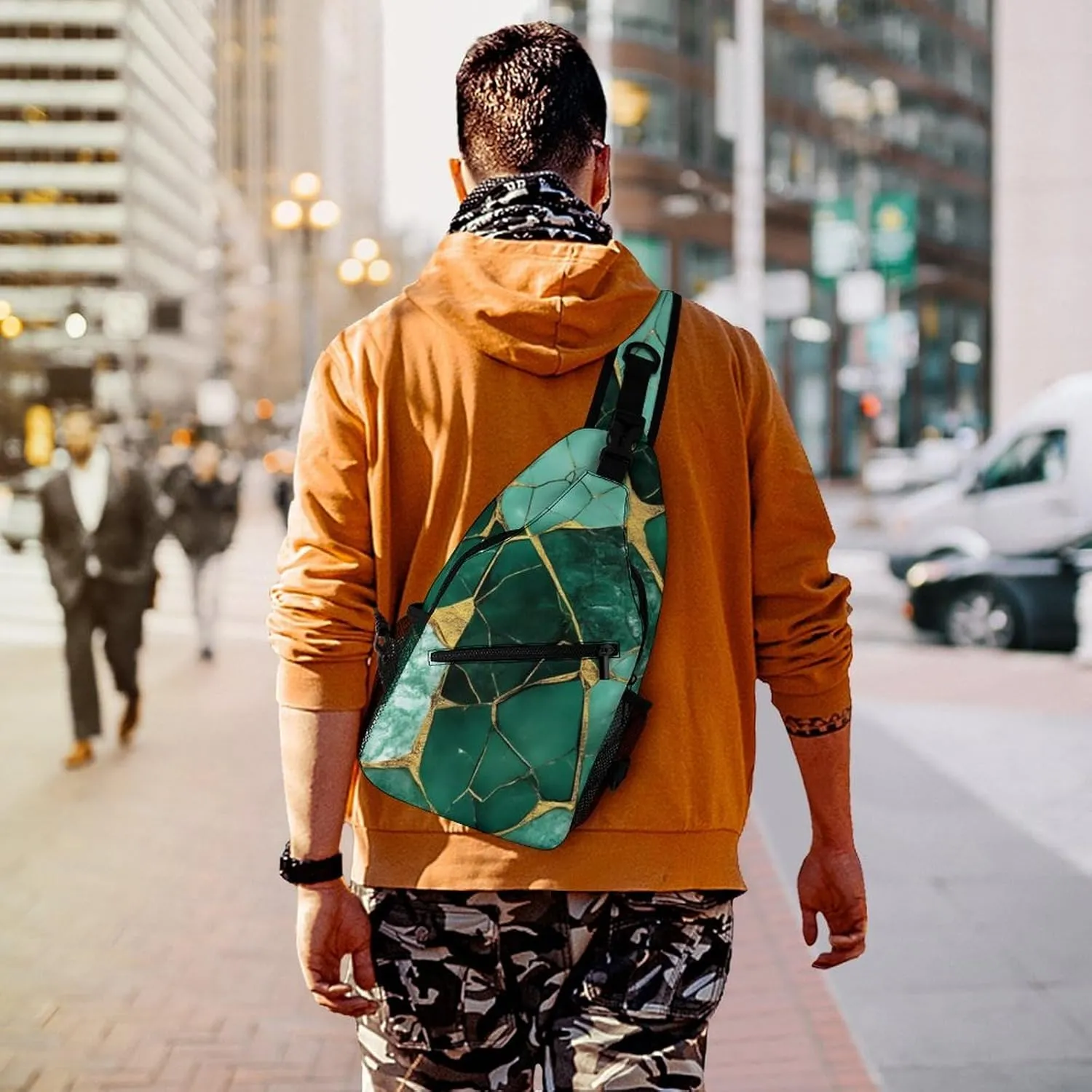 Supdreamc Men & Women Gym Crossbody Sack Satchel Outdoor Hiking Bag, Emerald Green Marbled Gold Glitters Green Marble Sling Bag Backpack Backpacking for Travel Hiking - Small Tool Backpack