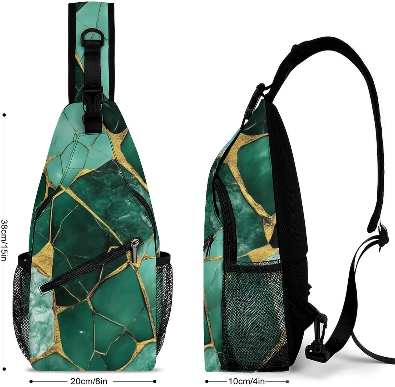 Supdreamc Men & Women Gym Crossbody Sack Satchel Outdoor Hiking Bag, Emerald Green Marbled Gold Glitters Green Marble Sling Bag Backpack Backpacking for Travel Hiking - Small Tool Backpack