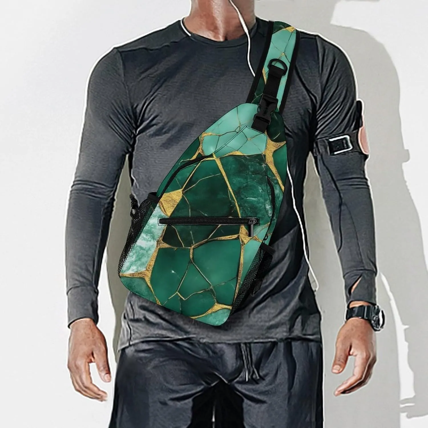 Supdreamc Men & Women Gym Crossbody Sack Satchel Outdoor Hiking Bag, Emerald Green Marbled Gold Glitters Green Marble Sling Bag Backpack Backpacking for Travel Hiking - Small Tool Backpack