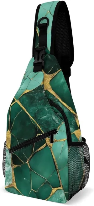 Supdreamc Men & Women Gym Crossbody Sack Satchel Outdoor Hiking Bag, Emerald Green Marbled Gold Glitters Green Marble Sling Bag Backpack Backpacking for Travel Hiking - Small Tool Backpack