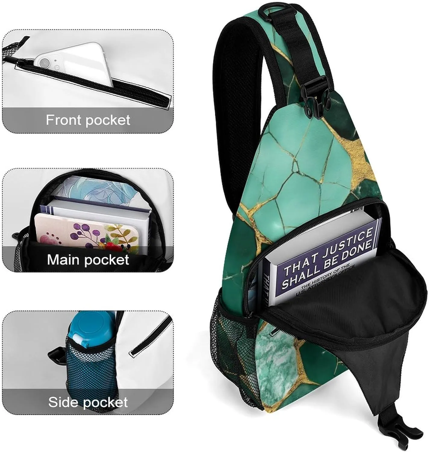 Supdreamc Men & Women Gym Crossbody Sack Satchel Outdoor Hiking Bag, Emerald Green Marbled Gold Glitters Green Marble Sling Bag Backpack Backpacking for Travel Hiking - Small Tool Backpack