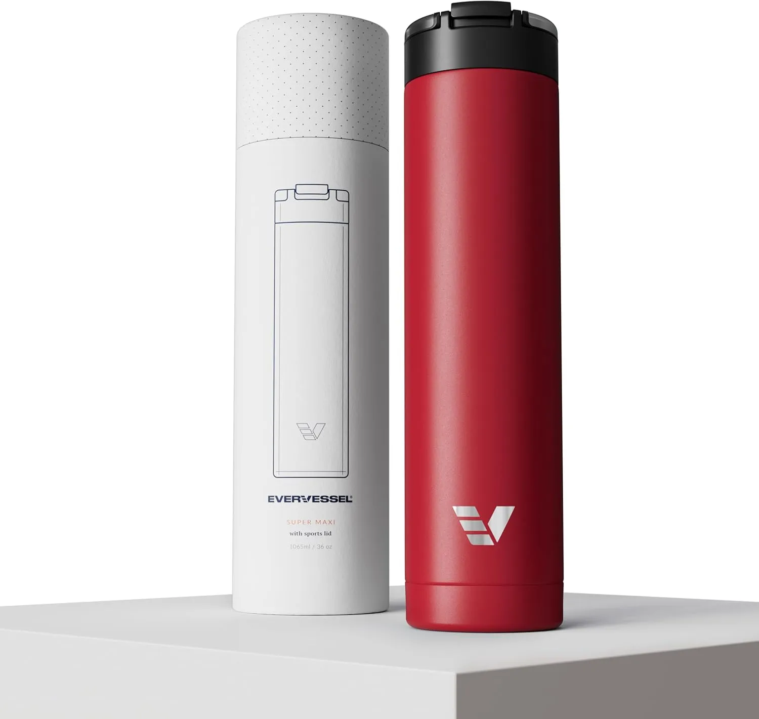 Super Maxi Stainless Steel Water Bottle 36oz - Double wall vacuum insulated | Integrated carry handle | leak proof flip top lid | Lightweight & stylish - Red