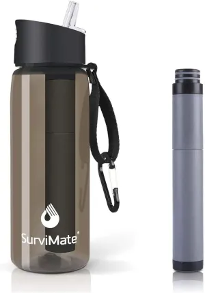 SurviMate Black Filtered Water Bottle and Replacement Filter