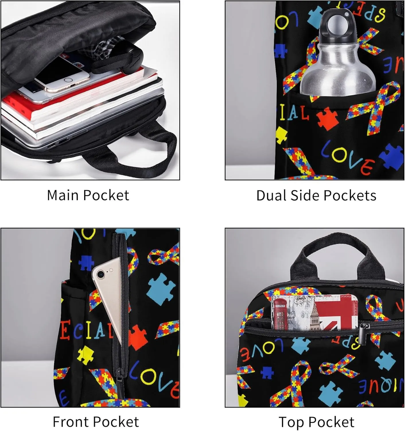 SWEET TANG Backpack for Autism Awareness Ribbon Black Bookbag