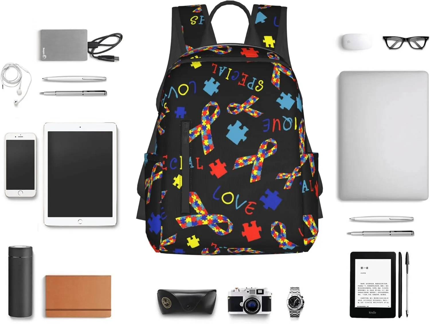 SWEET TANG Backpack for Autism Awareness Ribbon Black Bookbag