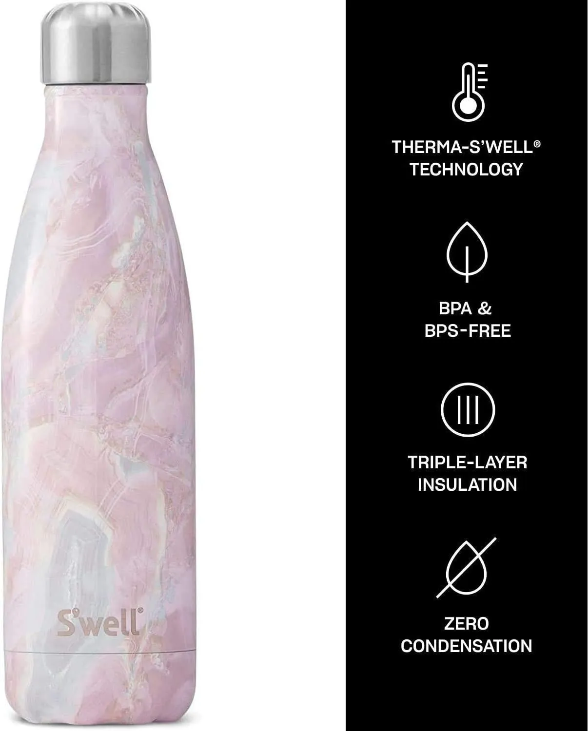 S'well Stainless Steel Water Bottle With Travel Handle - 17 Fl Oz - Geode Rose - Triple-Layered Vacuum-Insulated Containers Keeps Drinks Cold for 41 Hours and Hot for 18 - with No Condensation
