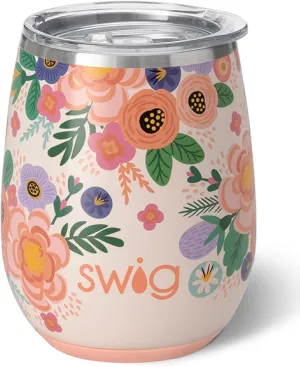 Swig Life 14oz Stemless Wine Cup, Insulated Wine Tumbler with Lid, Stainless Steel Travel Tumbler (Full Bloom)