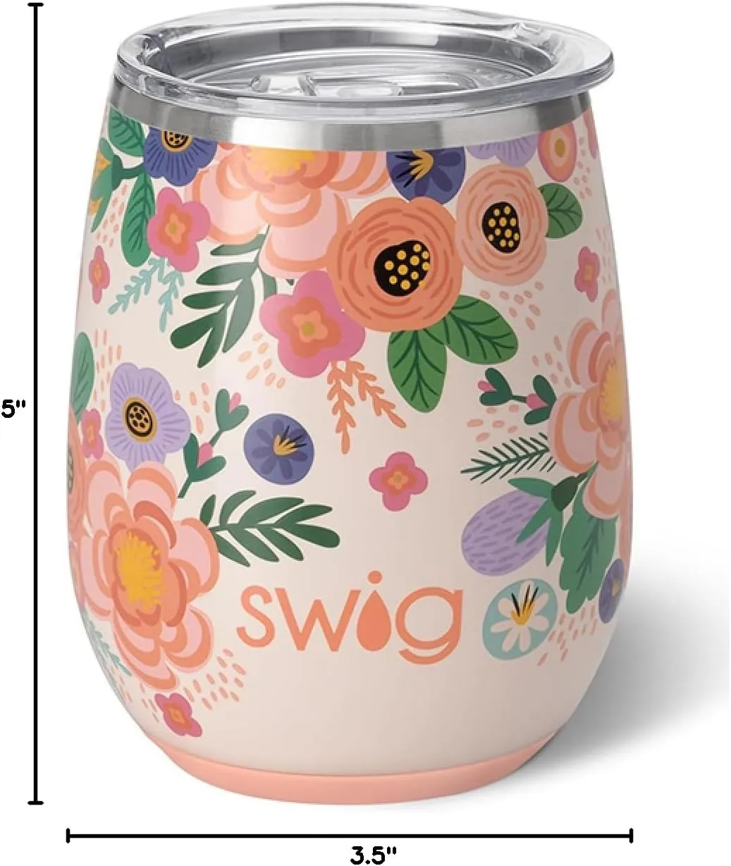Swig Life 14oz Stemless Wine Cup, Insulated Wine Tumbler with Lid, Stainless Steel Travel Tumbler (Full Bloom)