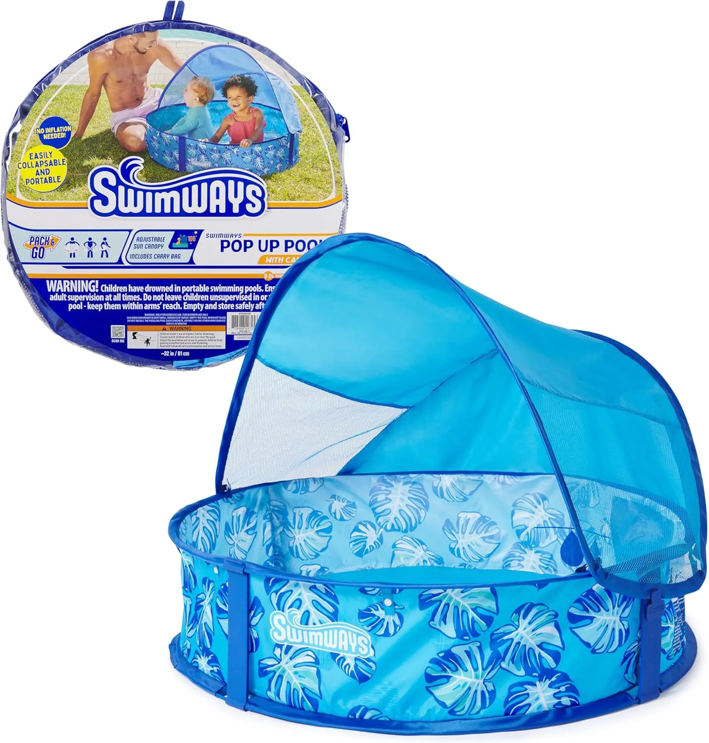Swimways Elite Pop-Up Above Ground Pool, Baby Pool with Canopy & Carrying Case, Foldable Kiddie Pool for Ages 9-24 Months, Measures 32", Blue