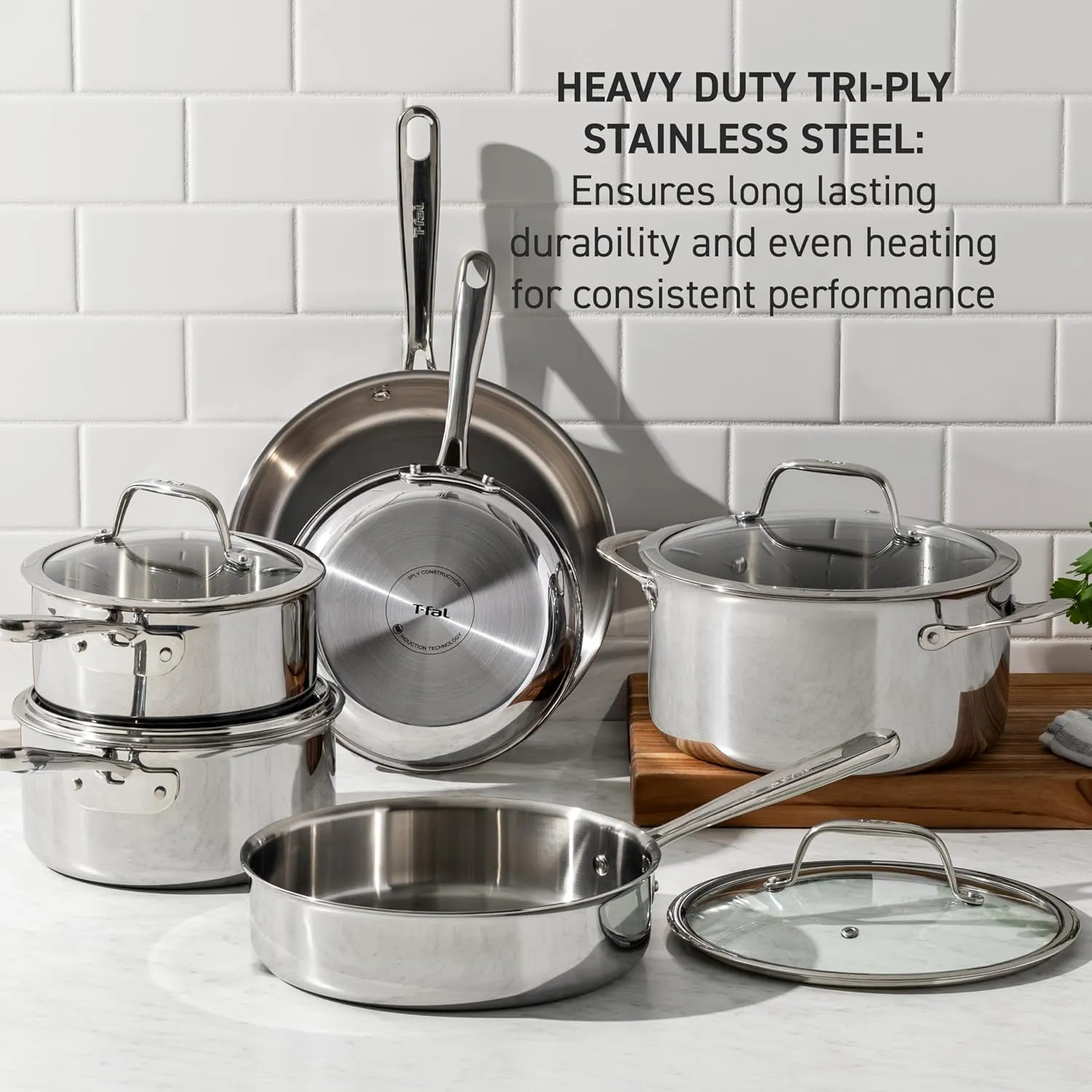 T-Fal Pro Tri-Ply Stainless Steel Fry Pan 10 Inch, Induction Compatible, Oven Safe 500F, Fast & Even Heat, Professional Quality & Durability, Frying Pan, Skillet, Cookware, Dishwasher Safe, Silver