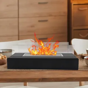 Table Top Firepit with Glass, Stainless Steel Rectangular Smokeless Fire Pit for Smores Indoor and Outdoor, Small Home Decor Long Lasting Flame, House Warming Gifts (Black)