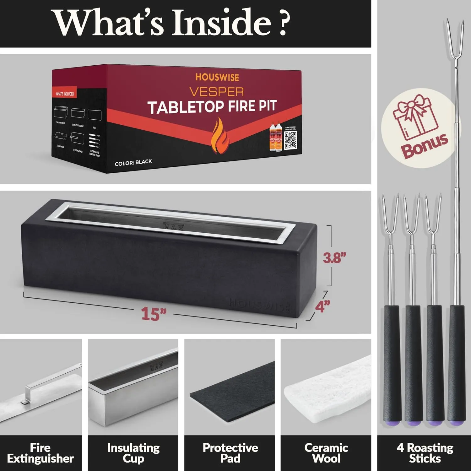 Tabletop Fire Pit - Concrete Outdoor & Indoor Fire Pit Tabletop, Smores Maker Kit, Table Top Firepit, Small Portable Mini Indoor Fireplace
