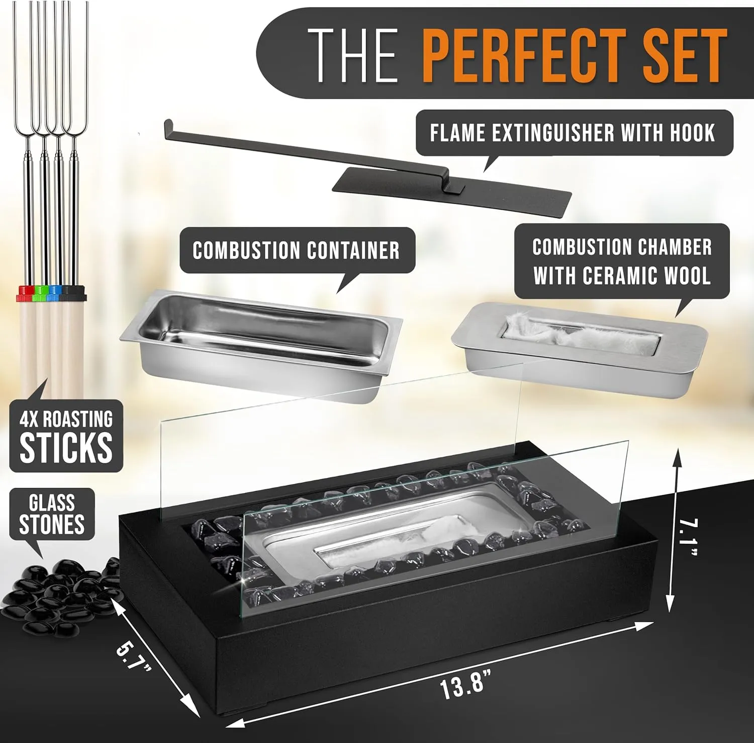 Tabletop Fire Pit - Smores Maker Kit - Indoor/Outdoor Portable Ethanol Table Top Firepit - with 4 Roasting Sticks & Glass Stones - Gift for Housewarming Decor Patio Christmas Birthday - Flammtal