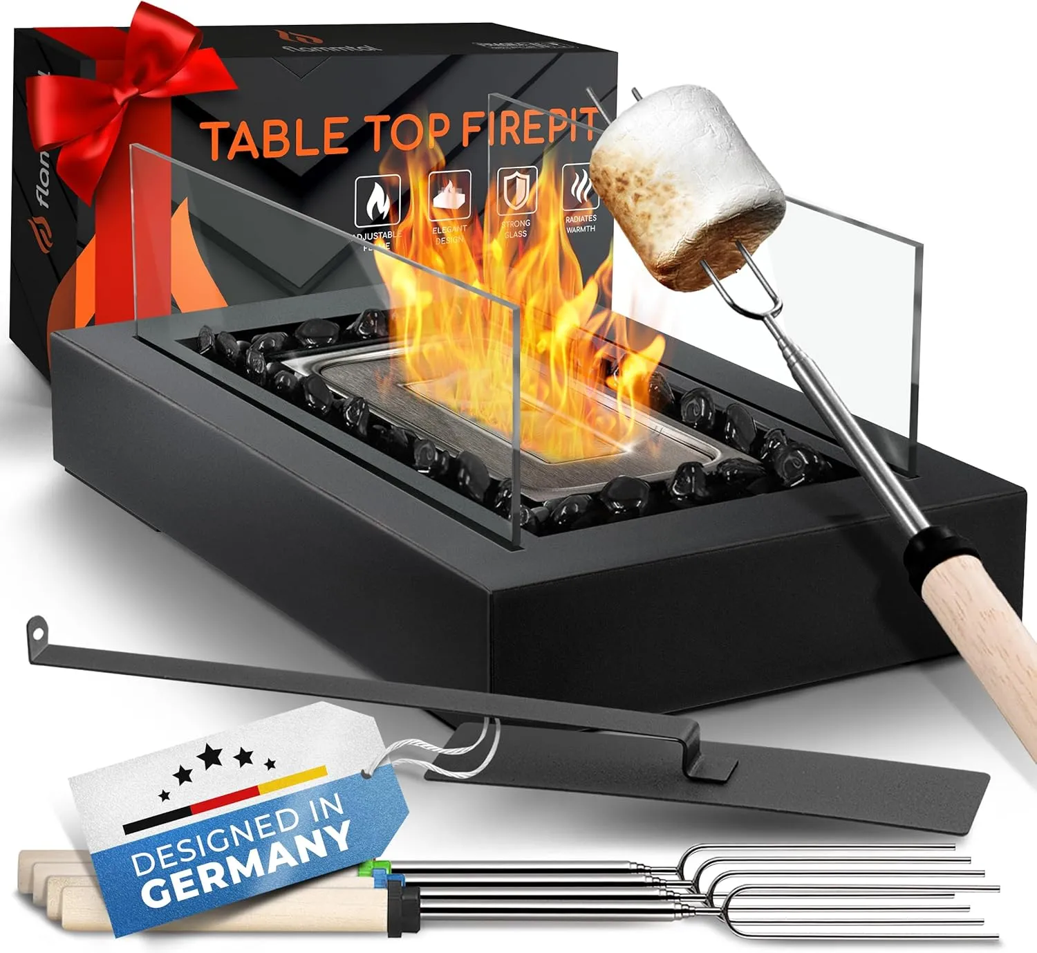 Tabletop Fire Pit - Smores Maker Kit - Indoor/Outdoor Portable Ethanol Table Top Firepit - with 4 Roasting Sticks & Glass Stones - Gift for Housewarming Decor Patio Christmas Birthday - Flammtal