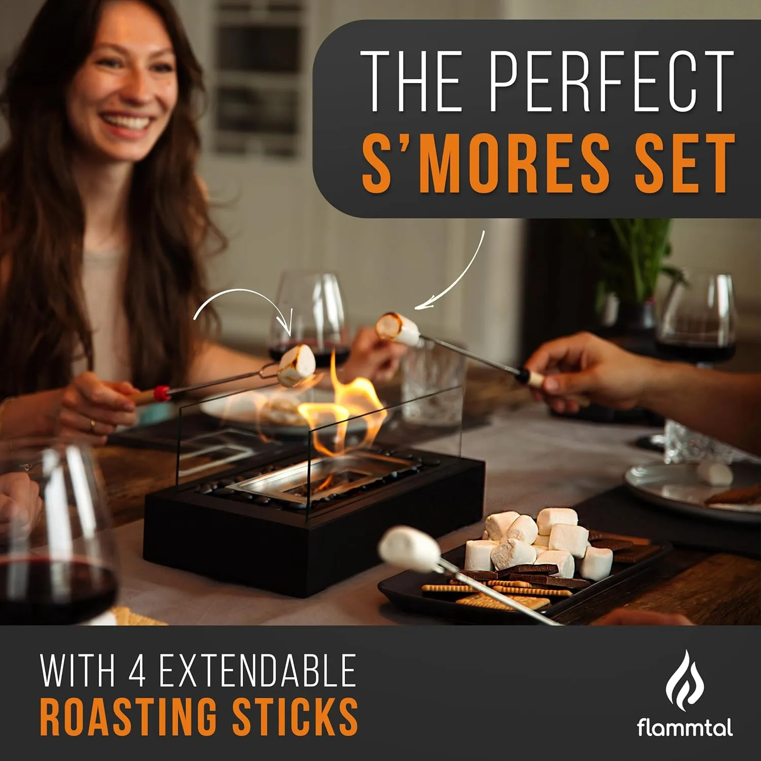 Tabletop Fire Pit - Smores Maker Kit - Indoor/Outdoor Portable Ethanol Table Top Firepit - with 4 Roasting Sticks & Glass Stones - Gift for Housewarming Decor Patio Christmas Birthday - Flammtal