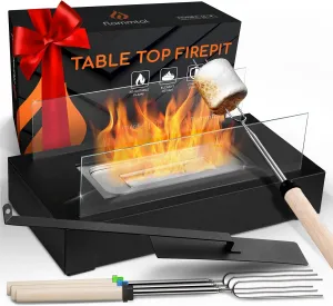 Tabletop Fire Pit - Smores Maker Kit - Indoor/Outdoor Portable Ethanol Table Top Firepit - with 4 Roasting Sticks - Gift for Housewarming Home Decor Patio Christmas Birthday Wedding Woman - Flammtal
