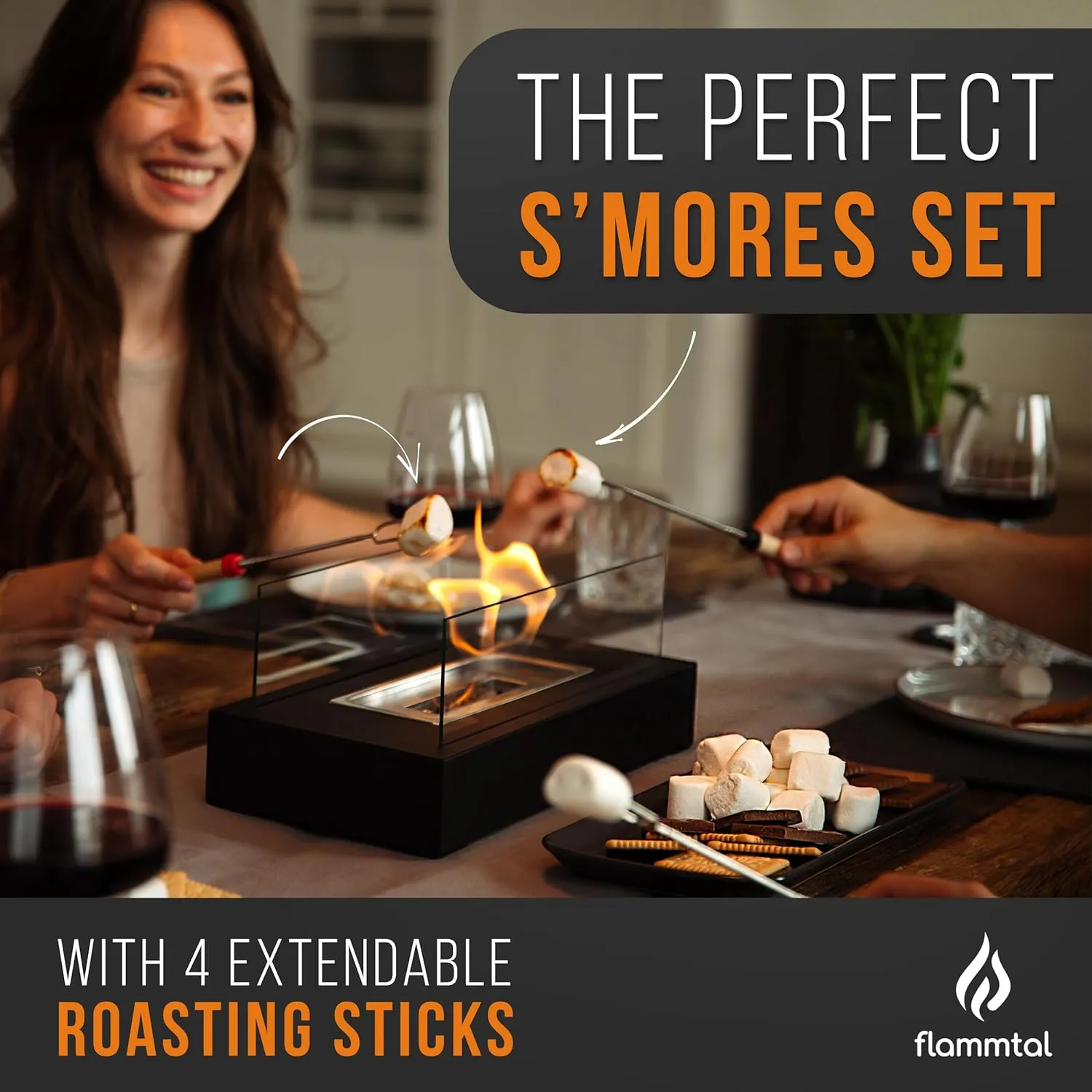 Tabletop Fire Pit - Smores Maker Kit - Indoor/Outdoor Portable Ethanol Table Top Firepit - with 4 Roasting Sticks - Gift for Housewarming Home Decor Patio Christmas Birthday Wedding Woman - Flammtal
