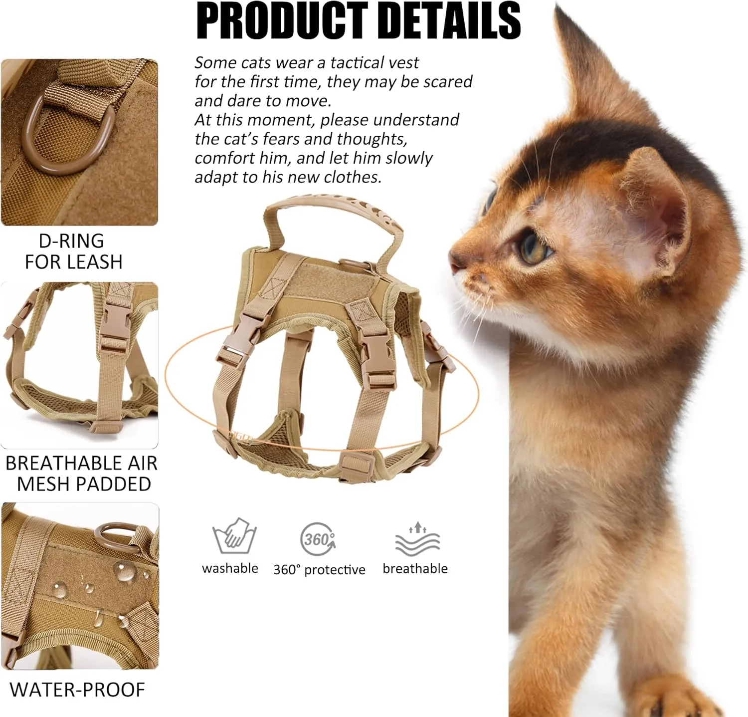 Tactical Cat Harness for Walking Escape Proof, Adjustable Pet Vest Harness, Soft Mesh with Control Handle for Large Cat,Puppy and Small Dog Harness, (Army Green,cat Harness only)