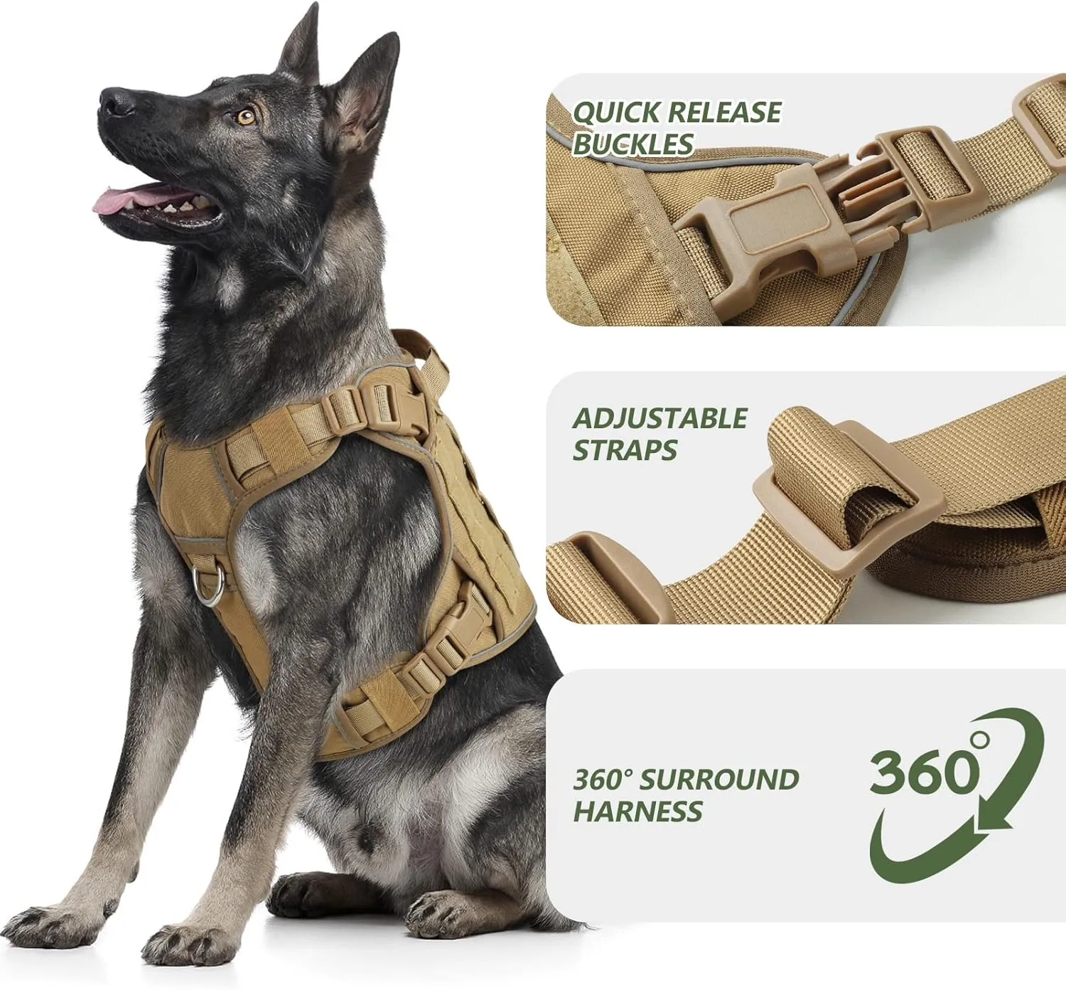Tactical Dog Harness Vest with Handle Tactical Dog Harness for Large Dogs No Pull Adjustable Pet Harness Reflective K9 Military Service Dogs Harnesses for Walking Hiking Training (L)
