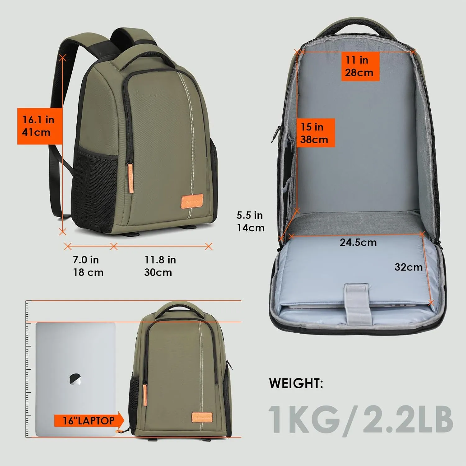TARION Camera Backpack Waterproof Camera Bag Large Capacity Camera Case with 15 Inch Laptop Compartment Rain Cover for Women Men Photographer Lens Tripod Green