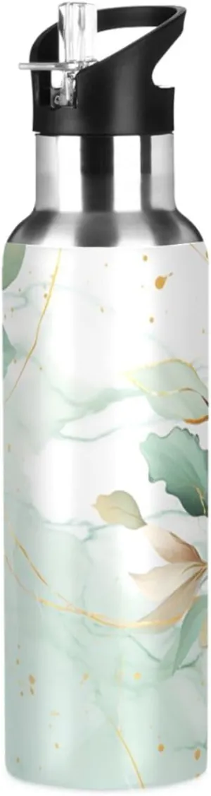 Teal Gold Splashes Print Sports Bottle with Straw and Carry Loop for Gym, Camping, Workout, and Outdoors，Insulated Water Bottle Jug for All Day Hydration