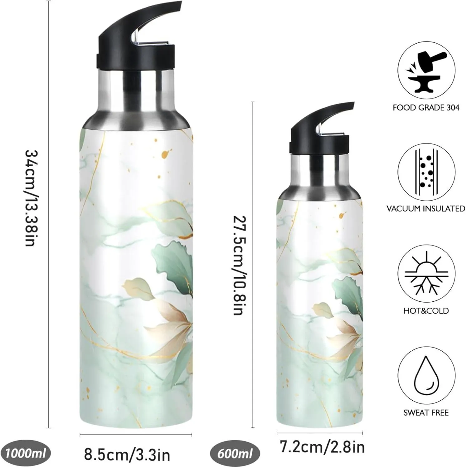 Teal Gold Splashes Print Sports Bottle with Straw and Carry Loop for Gym, Camping, Workout, and Outdoors，Insulated Water Bottle Jug for All Day Hydration