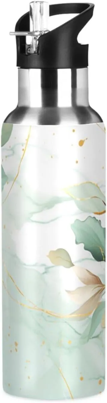 Teal Gold Splashes Print Sports Bottle with Straw and Carry Loop for Gym, Camping, Workout, and Outdoors，Insulated Water Bottle Jug for All Day Hydration