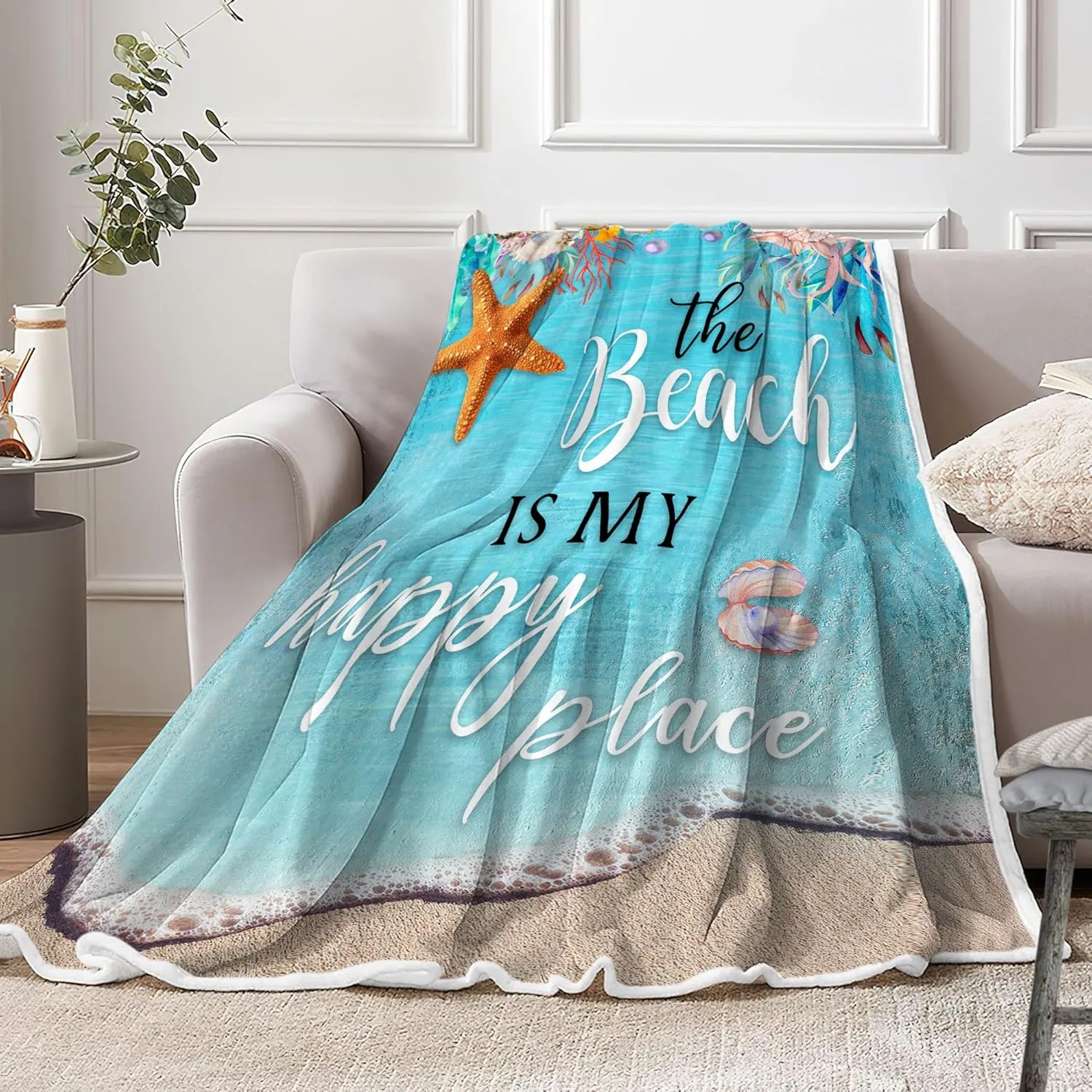 Teal Throw Blanket, Blue Coastal Ocean Beach Throw Blanket for Couch, Bed, Summer Super Cozy Blankets Fuzzy Plush Lightweight Throw Blankets for Sofa, Bed, Living Room