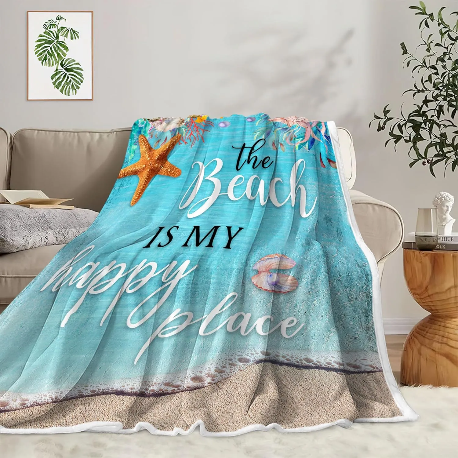 Teal Throw Blanket, Blue Coastal Ocean Beach Throw Blanket for Couch, Bed, Summer Super Cozy Blankets Fuzzy Plush Lightweight Throw Blankets for Sofa, Bed, Living Room