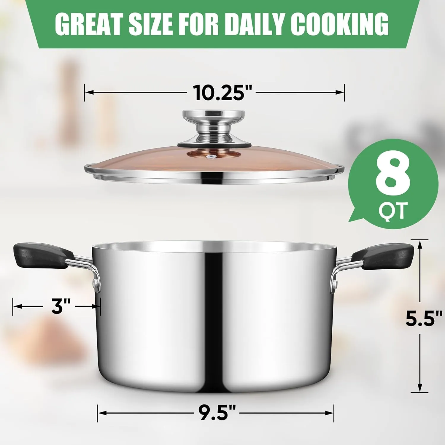 TeamFar Stock Pot with Lid, 8QT Stainless Steel Tri-ply Stock Pot with Glass Lid & Heat Resistant Handles, for Cooking Stewing Simmering, Non-toxic & Heavy Duty, All Stovetops & Dishwasher Safe