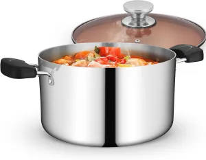 TeamFar Stock Pot with Lid, 8QT Stainless Steel Tri-ply Stock Pot with Glass Lid & Heat Resistant Handles, for Cooking Stewing Simmering, Non-toxic & Heavy Duty, All Stovetops & Dishwasher Safe