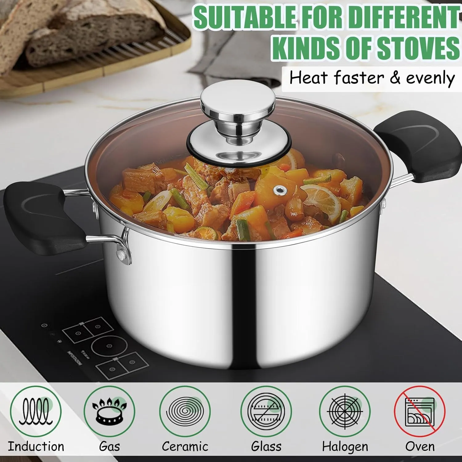TeamFar Stock Pot with Lid, 8QT Stainless Steel Tri-ply Stock Pot with Glass Lid & Heat Resistant Handles, for Cooking Stewing Simmering, Non-toxic & Heavy Duty, All Stovetops & Dishwasher Safe