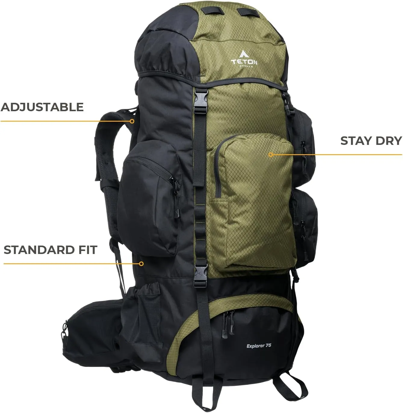 Teton 75L Explorer Internal Frame Backpack for Hiking, Camping, Backpacking, Rain Cover Included