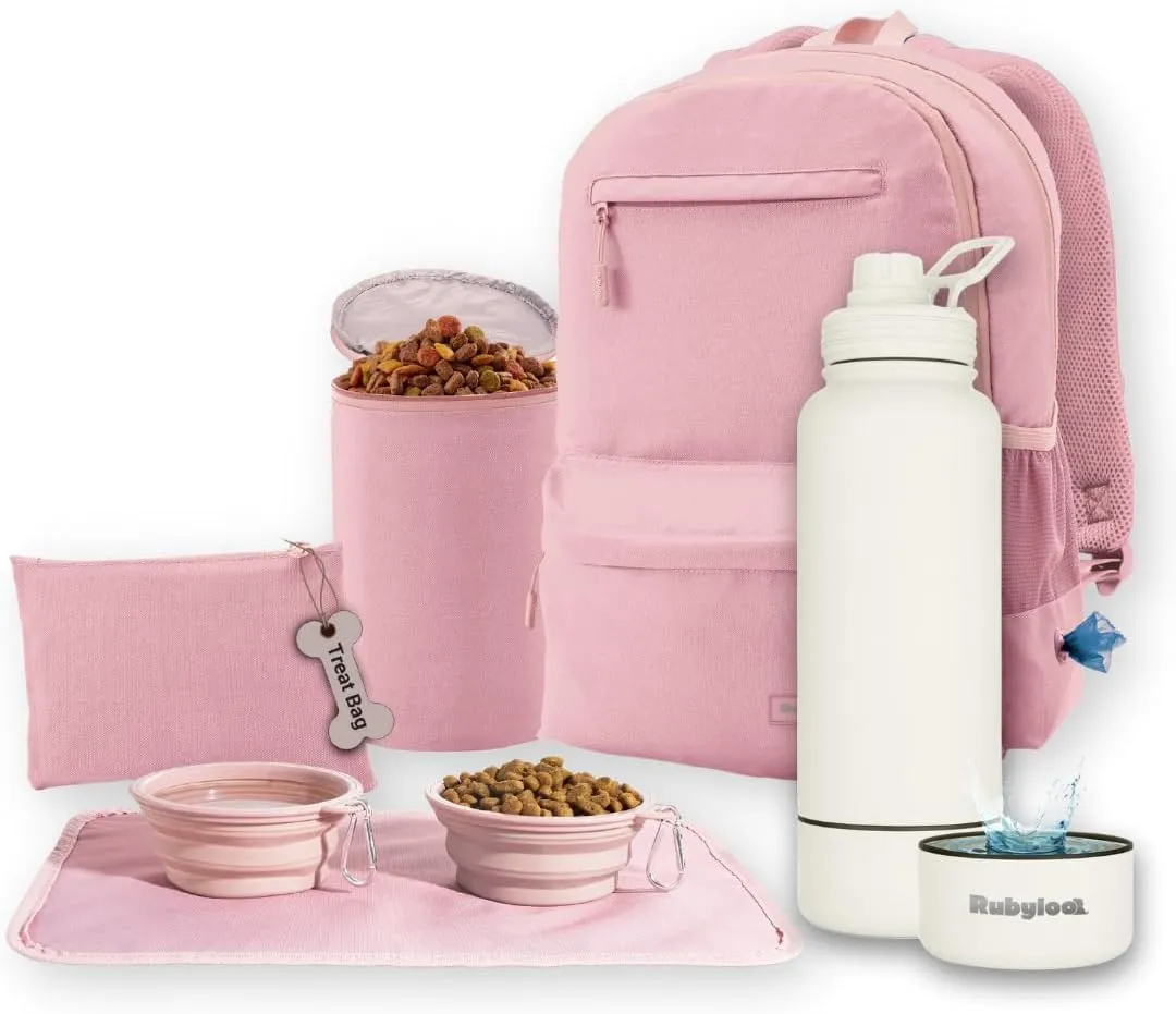 The Original Doggy Bag Backpack (Dusty Pink) & 32 oz Insulated Water Bottle with Attached 8 oz Bowl (Solid Cream) – Dog Travel Backpack & Hydration Set