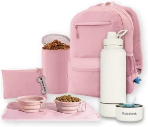 The Original Doggy Bag Backpack (Dusty Pink) & 32 oz Insulated Water Bottle with Attached 8 oz Bowl (Solid Cream) – Dog Travel Backpack & Hydration Set
