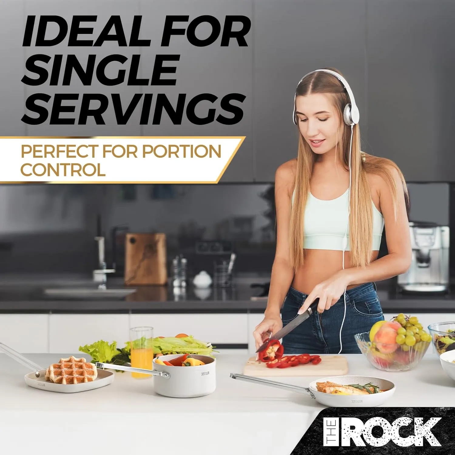 THE ROCK Single Serve Nonstick Pots and Pans Set, 4pc Portion Control Cookware Set with Rock.Tec, Stackable Set with Stainless Steel Handle, Scratch/Stain/Crack Proof, Oven & Dishwasher Safe, White