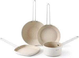 THE ROCK Single Serve Nonstick Pots and Pans Set, 4pc Portion Control Cookware Set with Rock.Tec, Stackable Set with Stainless Steel Handle, Scratch/Stain/Crack Proof, Oven & Dishwasher Safe, White