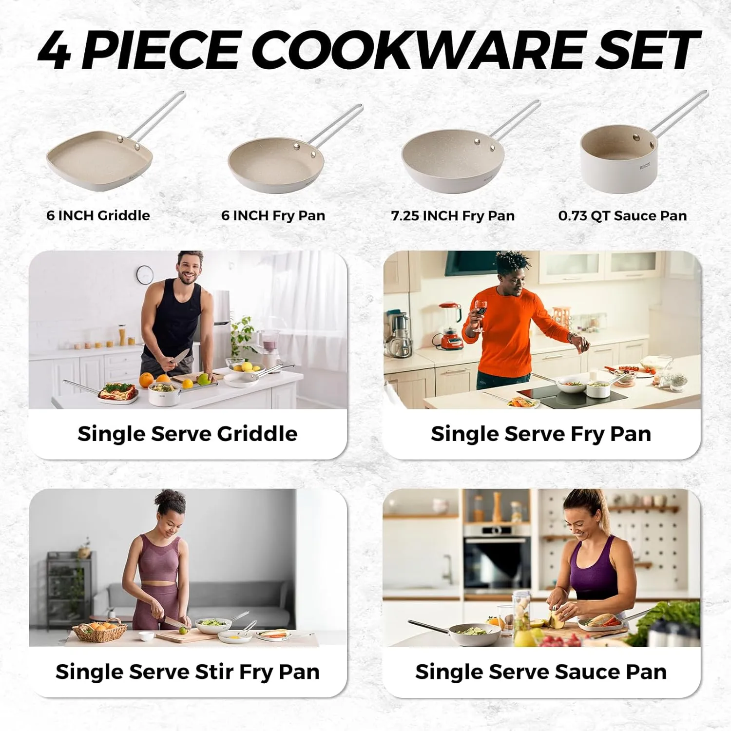 THE ROCK Single Serve Nonstick Pots and Pans Set, 4pc Portion Control Cookware Set with Rock.Tec, Stackable Set with Stainless Steel Handle, Scratch/Stain/Crack Proof, Oven & Dishwasher Safe, White