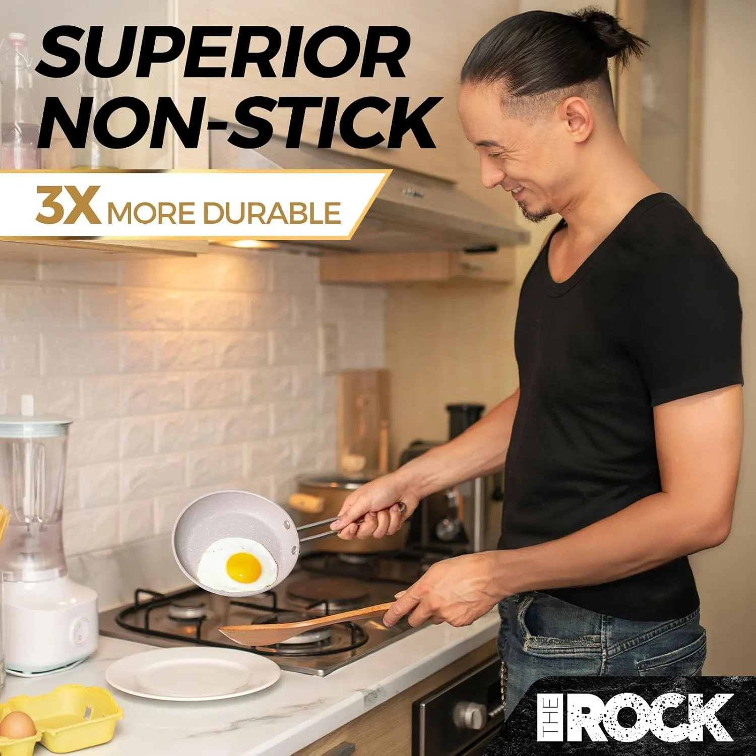 THE ROCK Single Serve Nonstick Pots and Pans Set, 4pc Portion Control Cookware Set with Rock.Tec, Stackable Set with Stainless Steel Handle, Scratch/Stain/Crack Proof, Oven & Dishwasher Safe, White