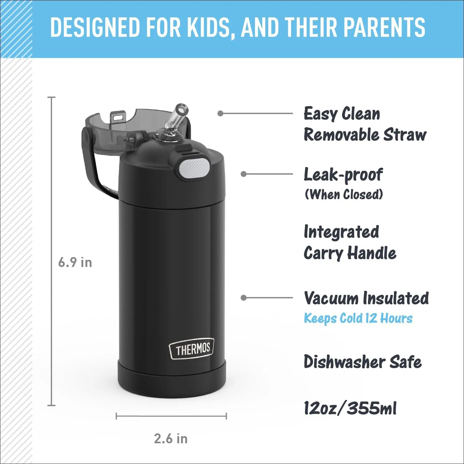 THERMOS FUNTAINER Water Bottle with Straw - 12 Ounce - Kids Stainless Steel Vacuum Insulated Water Bottle with Lid, Black