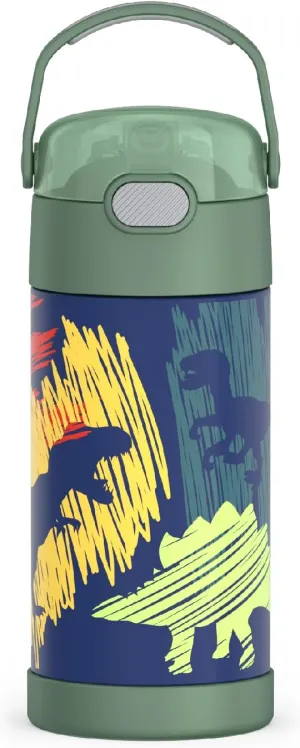 THERMOS FUNTAINER Water Bottle with Straw - 12 Ounce - Kids Stainless Steel Vacuum Insulated Water Bottle with Lid, Dinosaurs