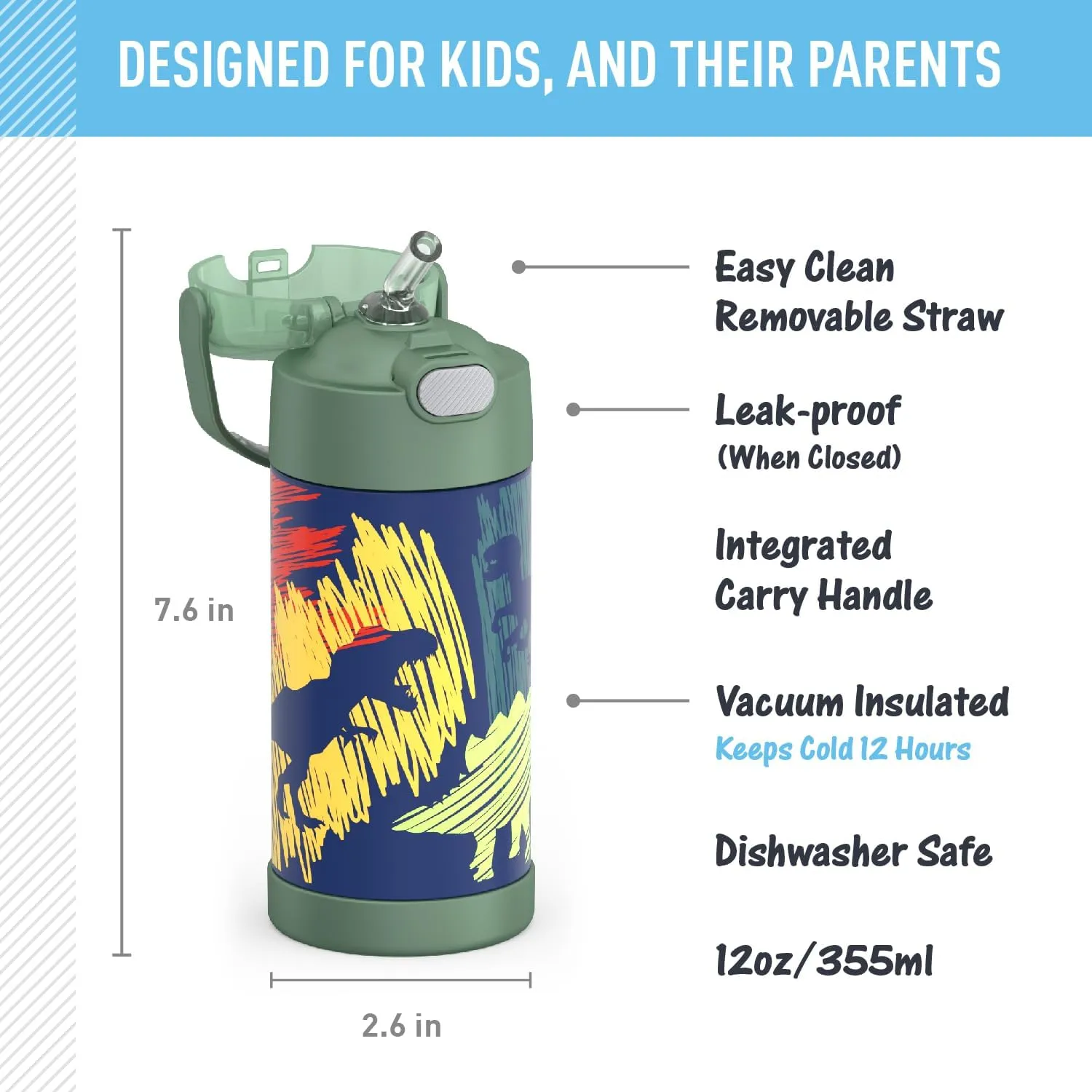 THERMOS FUNTAINER Water Bottle with Straw - 12 Ounce - Kids Stainless Steel Vacuum Insulated Water Bottle with Lid, Dinosaurs