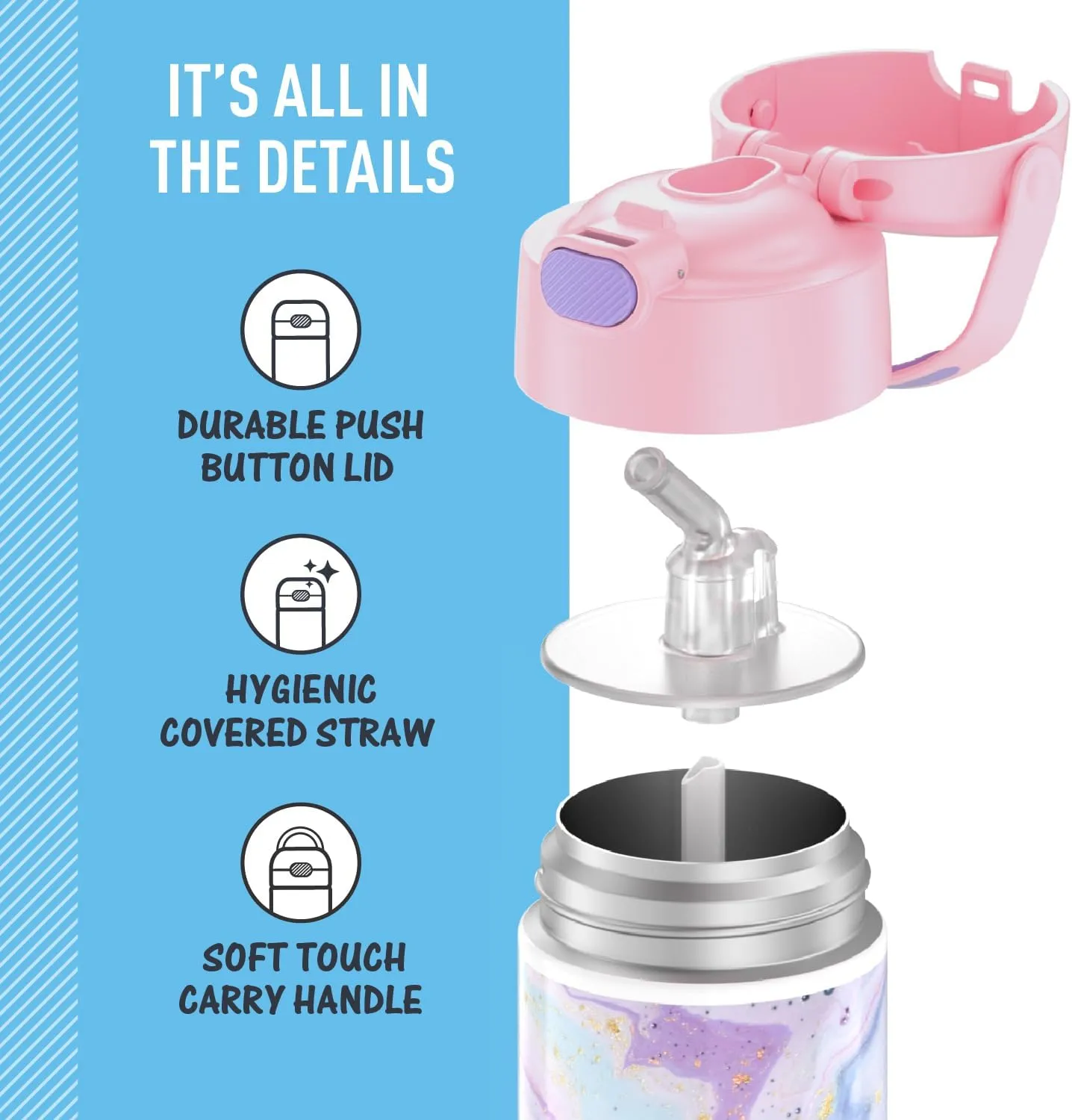 THERMOS FUNTAINER Water Bottle with Straw - 12 Ounce - Kids Stainless Steel Vacuum Insulated Water Bottle with Lid, Dreamy