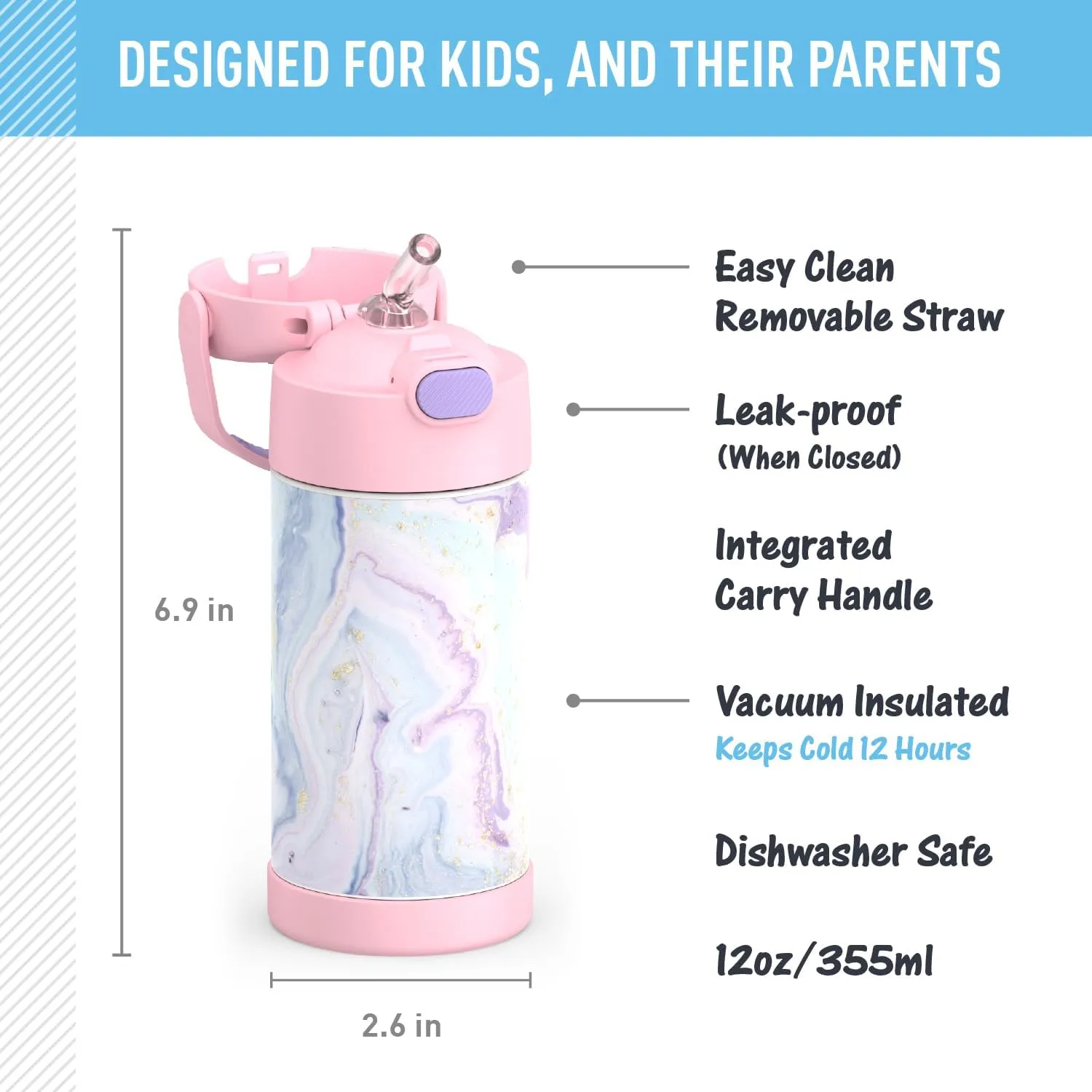 THERMOS FUNTAINER Water Bottle with Straw - 12 Ounce - Kids Stainless Steel Vacuum Insulated Water Bottle with Lid, Dreamy
