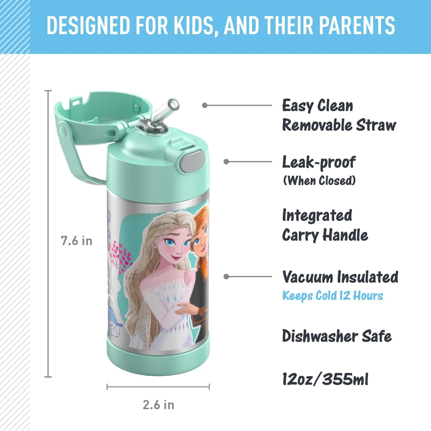 THERMOS FUNTAINER Water Bottle with Straw - 12 Ounce - Kids Stainless Steel Vacuum Insulated Water Bottle with Lid, Frozen 2